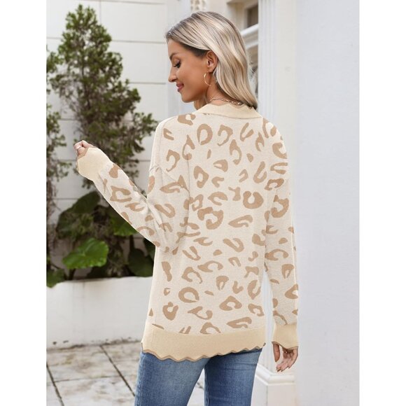 Women's Fall V Neck Sweater Long Sleeve Ribbed Knit Pullover Sweater Top Leopard - Picture 2 of 6